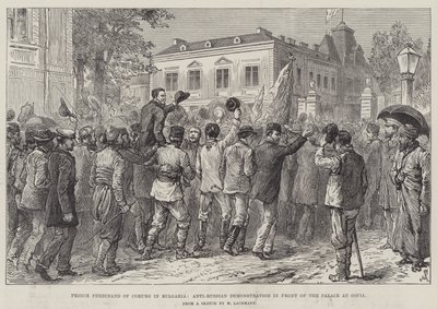 Prins Ferdinand van Coburg in Bulgarije, anti-Russische demonstratie voor het paleis in Sofia door Johann Nepomuk Schonberg